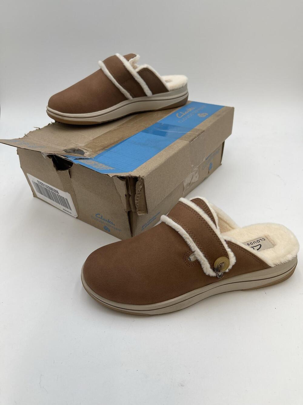 Clarks Breeze Cross Slippers Womens Brown Faux Fur Lined Mule Cozy Size 6.5
